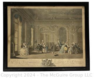 Framed Under Glass Engraving  Circa 1910 "L'assemblé Au Salon" .  17" x 21"