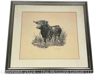 Framed Under Glass Lithograph Titled "Toro de la Marisma" by Artist John Fulton. 24 x 25"