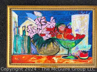 Gilt Framed Oil on Canvas Abstract Still Life with Flowers Signed on Back, Signature Illegible.  28" x 40" 