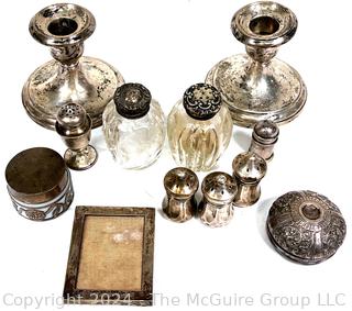 Collection of Sterling Silver Items Including Tricket Boxes, Frames, Candle Sticks and Salt & Pepper 