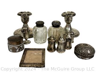 Collection of Sterling Silver Items Including Tricket Boxes, Frames, Candle Sticks and Salt & Pepper 