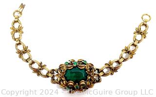 Victorian Chain Link Bracelet with Emerald Green Rhinestone Center