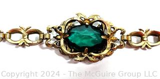 Victorian Chain Link Bracelet with Emerald Green Rhinestone Center