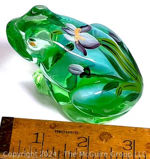 Fenton Green Hand Painted Blown Glass Frog Signed By Artist 