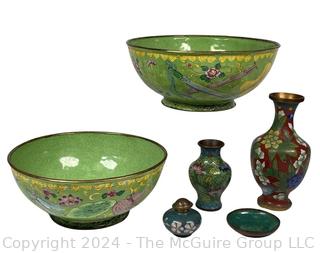 Six (6) Pieces of Cloisonne Enamel Items Including Bowls and Vases