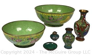 Six (6) Pieces of Cloisonne Enamel Items Including Bowls and Vases