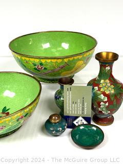 Six (6) Pieces of Cloisonne Enamel Items Including Bowls and Vases