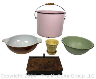 Kitchen Items Including  Pyrex 4qt bowl, Pink Enamel Pot with Handle, Green Enamel Bowl, Dustbin and Ceramic Planter.