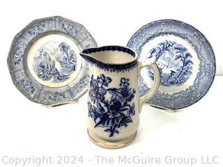 Three (3) Pieces of Blue & White Transferware Porcelain Including Plates and Pitcher