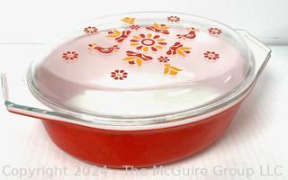 Two (2) Red Pyrex Glass Dishes and One Red Dansk Cast Enamel Casserole Pan. 