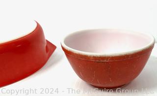 Two (2) Red Pyrex Glass Dishes and One Red Dansk Cast Enamel Casserole Pan. 