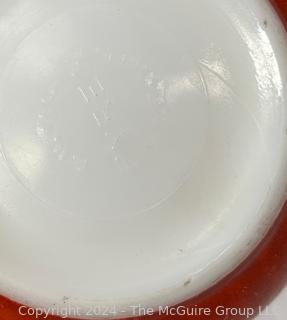 Two (2) Red Pyrex Glass Dishes and One Red Dansk Cast Enamel Casserole Pan. 