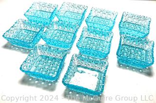 Set of Ten (10) Fenton Aqua Blue Daisy and Button Square Glass Trinket Dishes