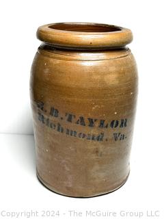 American 19th Century Decorated Stoneware Crock Jar Stamped E. B. Taylor in Blue Cobalt 10" Tall  