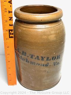 American 19th Century Decorated Stoneware Crock Jar Stamped E. B. Taylor in Blue Cobalt 10" Tall  