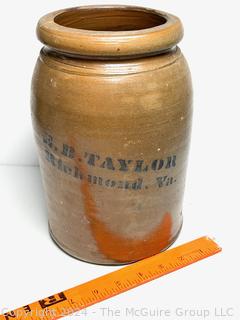 American 19th Century Decorated Stoneware Crock Jar Stamped E. B. Taylor in Blue Cobalt 10" Tall  