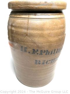 Stoneware Jug with Cobalt Blue Inscription H.F. Phillips Richmnond, VA  10" Tall (Note: Hairline Fracture as Shown)