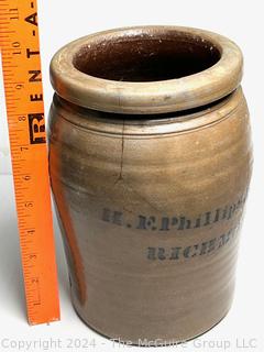 Stoneware Jug with Cobalt Blue Inscription H.F. Phillips Richmnond, VA  10" Tall (Note: Hairline Fracture as Shown)