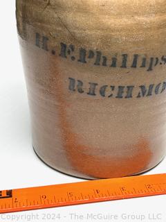 Stoneware Jug with Cobalt Blue Inscription H.F. Phillips Richmnond, VA  10" Tall (Note: Hairline Fracture as Shown)