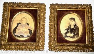 Two (2) Gilt Framed Portraits on Board of Children. Each 12 x 14"