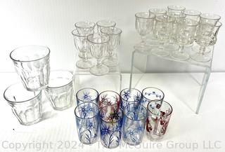 Clear Glassware including (8) Juice Glasses circa 1930's, (3) French Jelly Jars, (6) Colonial Style Sherry w/ Star on Foot