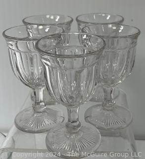 Clear Glassware including (8) Juice Glasses circa 1930's, (3) French Jelly Jars, (6) Colonial Style Sherry w/ Star on Foot