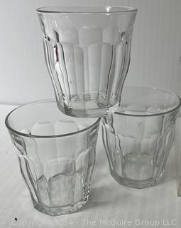 Clear Glassware including (8) Juice Glasses circa 1930's, (3) French Jelly Jars, (6) Colonial Style Sherry w/ Star on Foot