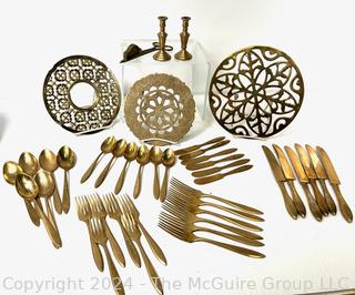 Set of (6) Flatware Place Settings, Trivets, Candle Snuffer and Pair of Candlesticks.