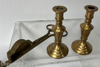 Set of (6) Flatware Place Settings, Trivets, Candle Snuffer and Pair of Candlesticks.