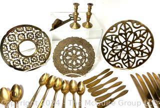 Set of (6) Flatware Place Settings, Trivets, Candle Snuffer and Pair of Candlesticks.