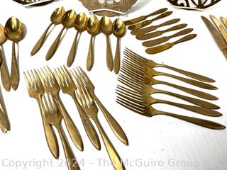 Set of (6) Flatware Place Settings, Trivets, Candle Snuffer and Pair of Candlesticks.