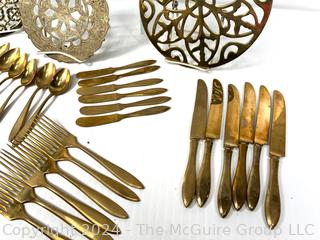 Set of (6) Flatware Place Settings, Trivets, Candle Snuffer and Pair of Candlesticks.