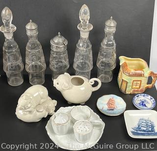 Grouping including Cruet Bottles, Ceramics and Handpainted English Keele St. Pottery Co. Pitcher