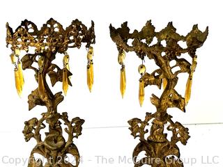 Ormolu Gilt Candelabra with`Marble Base and Crystal Lusters.  One missing candle holder