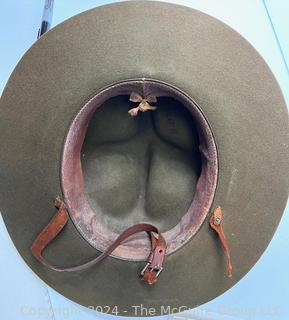 World War 1 US Cavalry Campaign Hat with Yellow Acorn Hat Band and Leather Chin Strap (Broken)