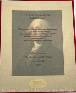 1969 White House Christmas Gift.  At 11 x 14", the gift print is the largest of the cards mailed from the President since the tradition began with President Franklin D. Roosevelt in 1933 and are usually reserved for staff, high level officials, ambassadors and heads of state.  Comes complete with inner envelope of royal red  velvet with the embossed coat-of-arms of the President. 
