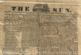 Vol. 1, No. 1 "The Sun" Newspaper.  The Very First Day 8 Page Edition of The Baltimore Sun, May 17, 1837 