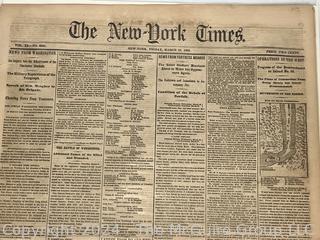 Eight (8) Page Original New York Times March 28, 1862.  Includes list of fallen soldiers from the Battle of Winchester. Civil War