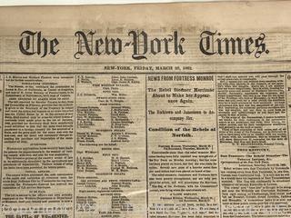 Eight (8) Page Original New York Times March 28, 1862.  Includes list of fallen soldiers from the Battle of Winchester. Civil War