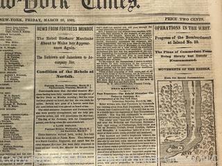 Eight (8) Page Original New York Times March 28, 1862.  Includes list of fallen soldiers from the Battle of Winchester. Civil War