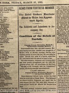 Eight (8) Page Original New York Times March 28, 1862.  Includes list of fallen soldiers from the Battle of Winchester. Civil War