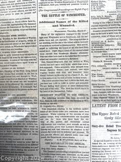 Eight (8) Page Original New York Times March 28, 1862.  Includes list of fallen soldiers from the Battle of Winchester. Civil War