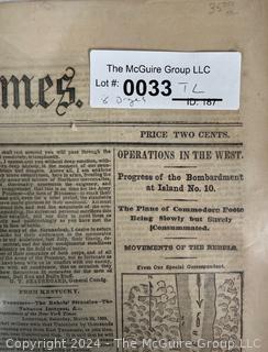 Eight (8) Page Original New York Times March 28, 1862.  Includes list of fallen soldiers from the Battle of Winchester. Civil War