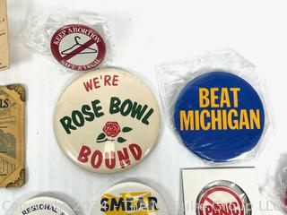 Collection of Buttons and Pins Related to California Politics And Sports, Including The American Red Cross.