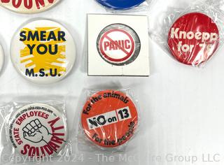 Collection of Buttons and Pins Related to California Politics And Sports, Including The American Red Cross.