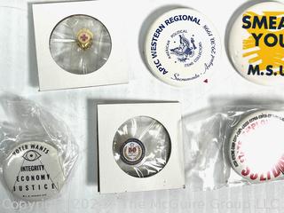 Collection of Buttons and Pins Related to California Politics And Sports, Including The American Red Cross.