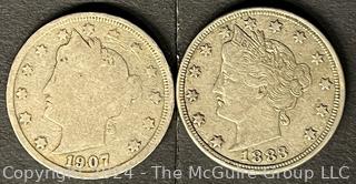 Two (2) Liberty "V" Nickel Coins: 1883 (no cents) and 1907 (RP)