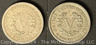 Two (2) Liberty "V" Nickel Coins: 1883 (no cents) and 1907 (RP)