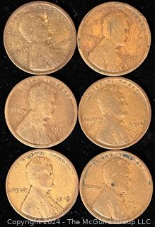 Six (6) Lincoln Head Wheat Cent Coins: 1914-1916-1917-1918-1919 various mint marks P-D