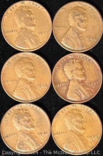 Six (6) Lincoln Head Wheat Cent Coins: 1937-1938-1939 various mint marks P-D-S